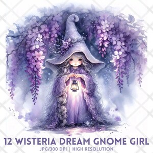 Wisteria Lantern Girl JPG, Purple Witch Girl Clipart, Enchanted Sorceress, Fantasy Magic, Whimsical Spellcaster Sublimation Design