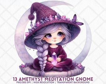 Gnomo amatista clipart PNG niña meditando gnomo con luna de cristal fantasía calma espiritual PNG sublimación pegatina digital revistas basura