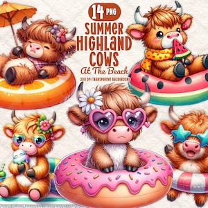 May include: Digital art featuring five Highland cows enjoying a summer day at the beach. Each cow is in a different pose, wearing sunglasses, and floating on a pool float. The image includes the text "Summer Highland Cows At The Beach".