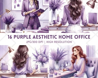 Aesthetic Lavender Workspace, Violet Feminine Home Office, Soft Purple Desk Decor, Elegant Woman at Desk, Cozy Work From Home Setup JPG