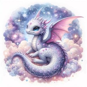 17 Pastel Galaxy Baby Dragon Clipart JPG Fantasy Pink Purple Dragon Stars Digital Art Sublimation Wall Prints Digital Sticker Junk Journals