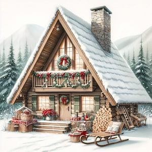 Pode incluir: Pintura em aquarela de uma cabana em forma de A coberta de neve decorada para o Natal. A cabana tem uma chaminé de pedra, uma varanda de madeira com guirlandas e laços vermelhos e uma coroa na porta. Um trenó de madeira e lenha em primeiro plano.