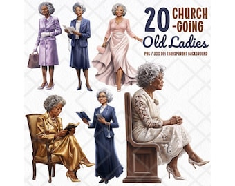 Church-Going Black Old Ladies PNG, African American Sunday Best Grandmas Clipart, Church Women Digital Sticker, PNG Bundle Craft Journal