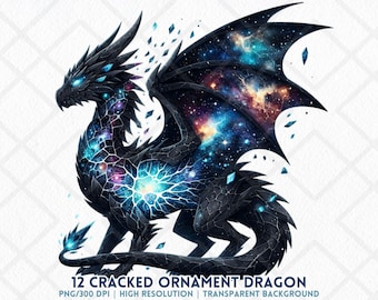 Cracked Ornament Dragon Clipart PNG Galaxy Fantasy Dragon Digital Sticker for Junk Journal Card Making Sublimation Space Creature Art