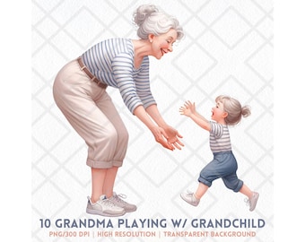 Grandma Playing with Grandchild Clipart, Elderly Woman Playing with Child, Happy Family Moment PNG Clipart, Watercolor Style Digital Sticker