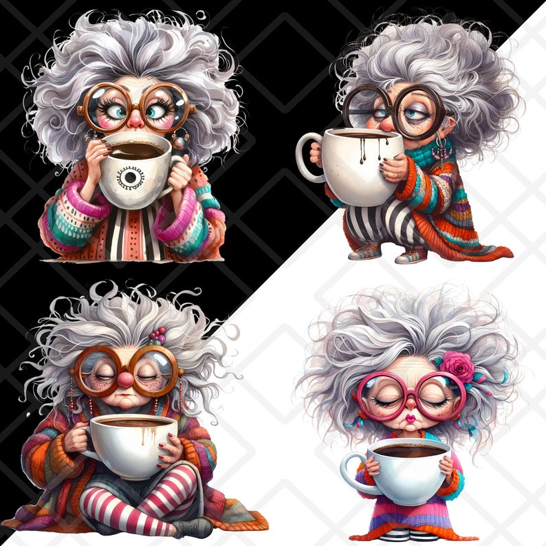Funny Coffee Grandma Clipart PNG, Watercolor Quirky Tired Old Lady ...