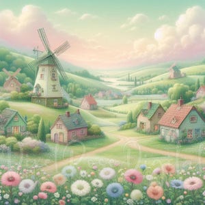 May include: A pastel-colored landscape painting featuring a quaint village nestled in rolling green hills. Several houses with red and green roofs are scattered around a central path. Windmills and colorful flowers add to the idyllic scene.