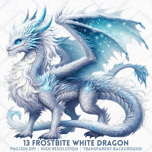 Puede incluir: Ilustración digital de un dragón blanco con detalles azules. El dragón tiene grandes alas con detalles de copos de nieve, ojos azules y una larga cola. El texto "13 Frostbite White Dragon" está en la parte inferior.