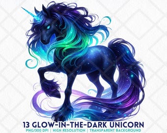 暗闇で光るユニコーンのクリップアートPNG ギャラクシーホース ネオンたてがみ ファンタジークリーチャー 夜空 ジャンクジャーナリング カード作り 保育園の装飾 ペーパークラフト