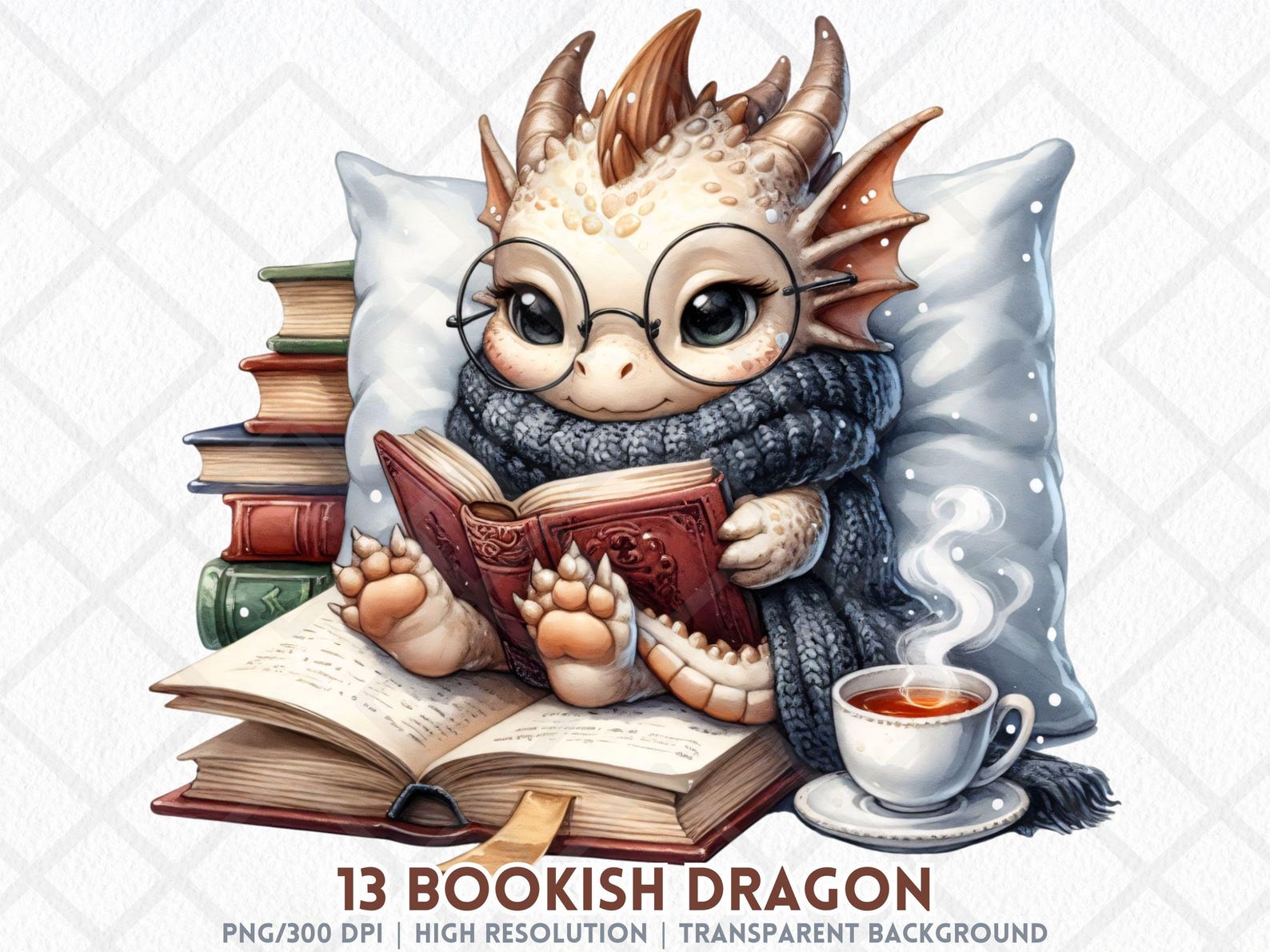 Bookish Dragon Clipart PNG Cute Reading Baby Dragon With Books Cozy ...