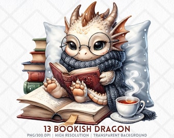 Dragón de libros, clipart PNG, lindo bebé dragón leyendo con libros, acogedor té de otoño, criatura fantástica, sublimación, pegatina digital, revistas basura