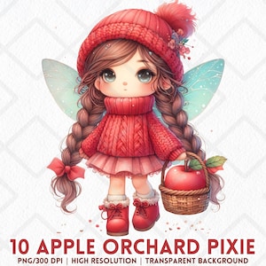 Hada de huerto de manzanas PNG, Hada de otoño acogedora en acuarela, Hada de otoño con suéter rojo chibi, Manualidad de sprite de cosecha de manzanas estilo cottagecore
