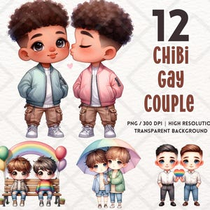 Chibi Gay Couple Clipart LGBT Clipart Pride Month Gay Lesbian Pride Flag LGBTQIA PNG Digitale Download Junk Journaling Digitale Stickers