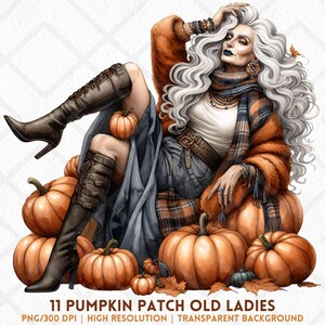 May include: Watercolor illustration of a woman with long white hair, wearing a plaid scarf and orange fur coat, sitting on a pile of pumpkins. She wears brown boots and denim shorts. The image includes the text "11 PUMPKIN PATCH OLD LADIES".