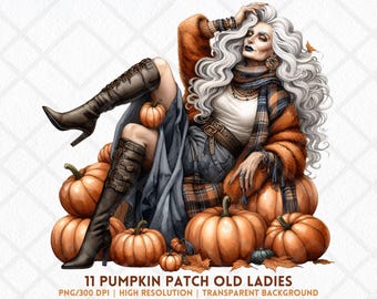 Pumpkin Patch Clipart Stylish Old Lady PNG Fall Fashion Grandma Digital Art Autumn Pumpkins Plaid Jacket Boots Sublimation Instant Download