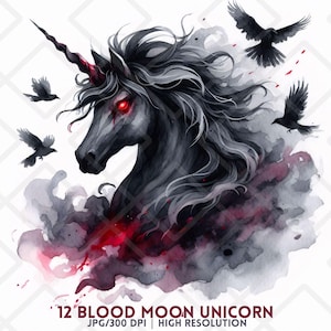 Blood Moon Unicorn Clipart Dark Fantasy Unicorn JPG Gothic Halloween Unicorn Art Raven Black Unicorn Illustration Spooky Horse Sublimation