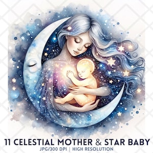Himmlische Mutter und Stern Baby JPG, Aquarell Galaxie Mutter und Kind Clipart, Muttertag Digitaler Aufkleber, Mond und Sterne Sublimationsdesign