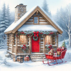May include: A snow-covered log cabin with a red door and a stone chimney. The cabin is decorated with Christmas garlands, a wreath, and a red bow. A red sleigh filled with gifts sits in front of the cabin, creating a festive winter scene.