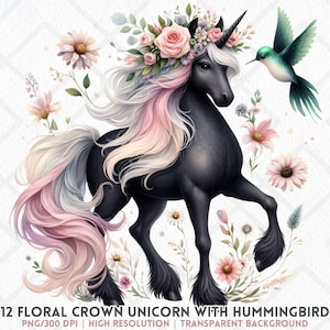 Floral Einhorn Clipart PNG Schwarzes Einhorn mit Blumenkrone und Kolibri Fantasie Pferd PNG Junk Journaling Kartenherstellung Kinderzimmer Dekor