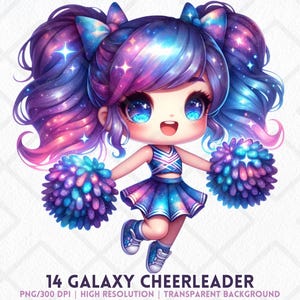 ギャラクシーチアリーダークリップアートPNG、ポンポン付き宇宙ちびガール、星の髪、キュートなダンススピリットPNG昇華デジタルステッカー、ジャンクジャーナル