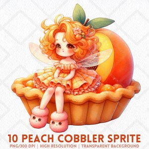 Pfirsich Cobbler Sprite PNG, wunderliche niedliche Pfirsich Fee Clipart, Aquarell fruchtige Dessert Fee digitaler Aufkleber, gemütliche Frucht Sprite Papierkunst