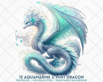 Clip art de dragón menta aguamarina PNG Arte de dragón de hielo fantástico para sublimación de diario de recortes, pegatinas digitales, creación de tarjetas, diseño de álbum de recortes