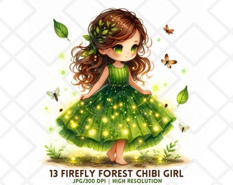 Firefly Forest Chibi Girl Clipart JPG gloeiende Fairycore groene jurk JPG Cute Woodland Fairy Girl sublimatie digitale sticker ongewenste dagboek
