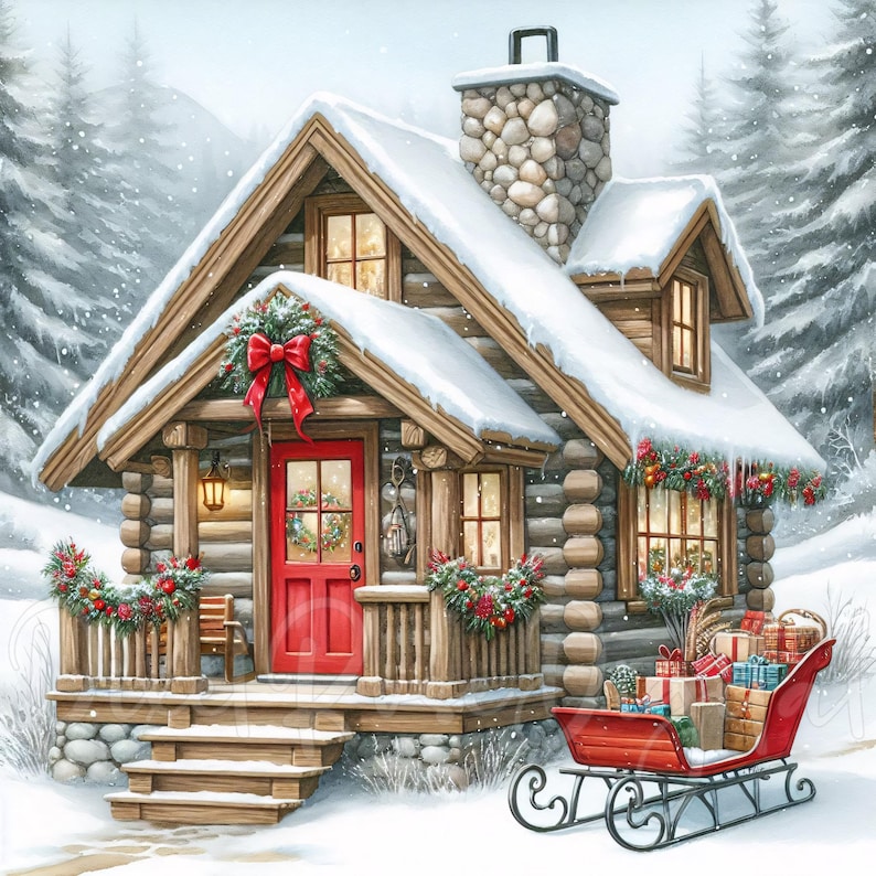 May include: Watercolor illustration of a snow-covered log cabin with a red door and Christmas decorations. A red sleigh filled with gifts sits in front of the cabin. The scene is set in a snowy forest.