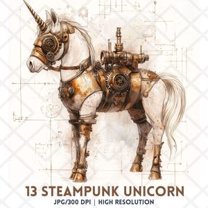Steampunk Unicorn JPG, Mechanical Fantasy Horse Clipart, Vintage Gears Steampunk Unicor Sublimation, Journaling, Crafts, Digital Sticker