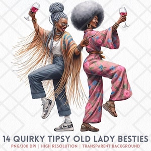 Eigenzinnige aangeschoten oude dame besties clipart png, grappige dronken oma vrienden digitale download voor sublimatie, wijnliefhebber papier ambachten stickers