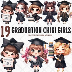 Graduation Chibi Girl PNG Bundle, 19 Cute Watercolor Graduate Cliparts, Kawaii Graduate Girls for DIY Crafts, Cards, Shirts, Sublimation
