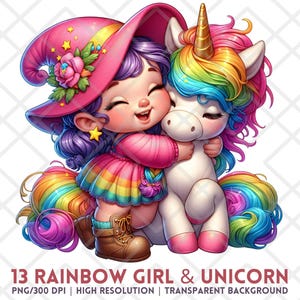 Rainbow Unicorn Gnome Girl Clipart, Colorful Fantasy PNG, Bright Whimsical Digital Stickers, Cute Printable for Sublimation Paper Crafts