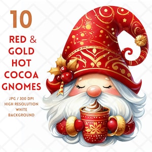 Watercolor Cute Red and Gold Hot Cocoa Gnomes Cliparts, Winter Hot Cocoa Mug JPG, Digital Planners, Digital Sticker, Digital Download