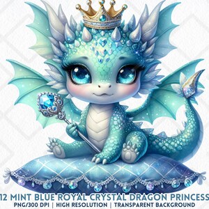 Dragon de cristal princesse Clipart PNG menthe bleu bébé dragon couronne baguette mignon fantaisie fille dragon PNG sublimation autocollant numérique journaux indésirables