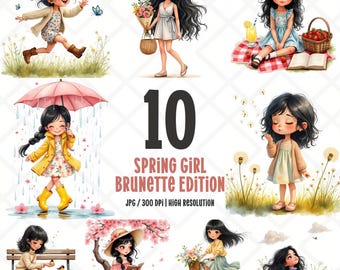 Watercolor Cute Springtime Dolls Clip Art, Brunette Girl Spring Clipart JPG, Fashion Girl Clipart, Digital Sticker, Digital Download
