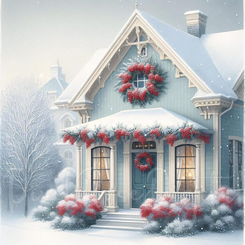 14 Victorian Christmas House Clipart JPG Blue Winter Cottage With ...