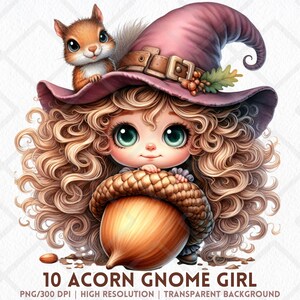 Acorn Gnome Girl Fall PNG Clipart Cute Woodland Autumn PNG Digital Sticker Sublimation Scrapbooking Junk Journaling Cardmaking Crafts