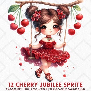 Cherry Jubilee Sprite PNG, Clipart di fata ciliegia Chibi acquerello, Adesivo digitale di ragazza con altalena di frutta carina, Artigianato di fata con abito all'uncinetto rosso in formato PNG