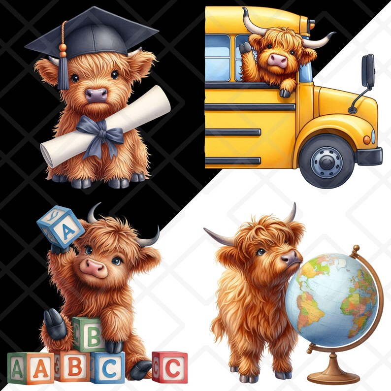 Back to School Highland Cow Clipart PNG Bundle Cute Watercolor Calf ...