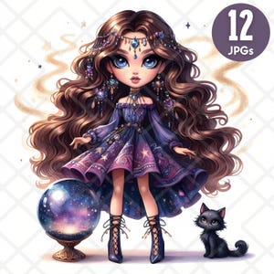May include: A digital illustration of a girl with long brown hair wearing a purple and blue dress with stars and a crystal ball. She has blue eyes and is wearing a crown of jewels. A black cat is sitting on the ground next to her.