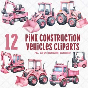 Clipart véhicule de construction rose pour enfants Png, bulldozer aquarelle, grue, camion, décoration de fête d'anniversaire pour enfants, chambre de bébé, autocollant numérique