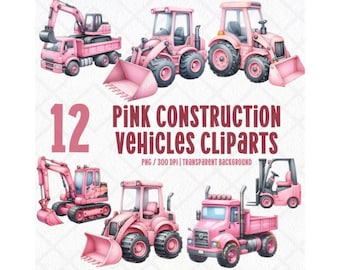 Pink Construction Vehicle Clipart Kids Png, Watercolor Bulldozer, Crane, Truck, Children&#39;s Birthday Party Decor, Nursery, Digital Sticker