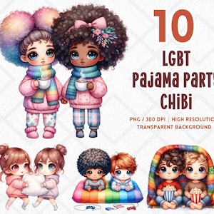 Fête des pyjamas LGBT Chibi cliparts mois de la fierté Gay fierté lesbienne drapeau LGBTQIA PNG téléchargement numérique Junk Journal Sublimation autocollant numérique
