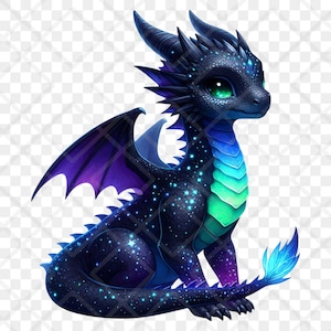 Puede incluir: Ilustraci&oacute;n digital de un beb&eacute; drag&oacute;n con un dise&ntilde;o de noche estrellada. El drag&oacute;n tiene un cuerpo azul oscuro con alas moradas y un degradado de azul y verde en el pecho. Tiene grandes ojos verdes y una cola azul.