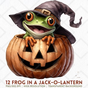 Frog in Jack O Lantern PNG Halloween Frog Clipart Witch Hat Pumpkin Cute Fall Forest Animal Sublimation Crafts Digital Sticker Junk Journals