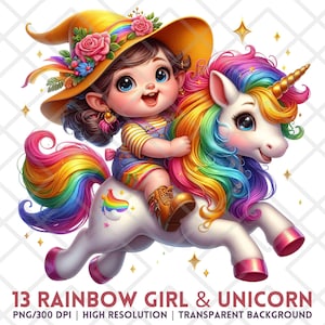 Rainbow Unicorn Gnome Girl Clipart, Colorful Fantasy PNG, Bright Whimsical Digital Stickers, Cute Printable for Sublimation Paper Crafts