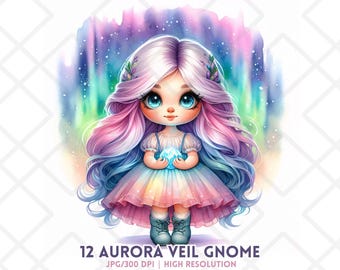 Aurora sluier kabouter clipart JPG fantasie meisje noorderlicht kunst pastel haar schattig chibi kabouter JPG sublimatie digitale sticker ongewenste tijdschriften