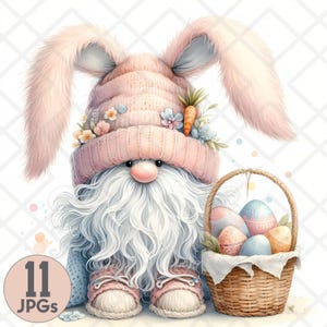 Watercolor Easter Pink Bunny Eared Gnome Clipart JPG, Happy Easter Clipart, Easter Eggs Clipart Digital Sticker, Easter Basket Clipart