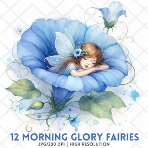 Morning Glory Fairies JPG, Clipart fée fleur bleue aquarelle, autocollant numérique fille Fae endormie, Sublimation florale fantaisie lunatique