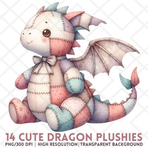 Puede incluir: Un juguete de peluche de dragón de patchwork con un esquema de colores rosa, azul y blanco. El dragón tiene una pajarita y una sonrisa cosida. Las alas son de color gris claro.